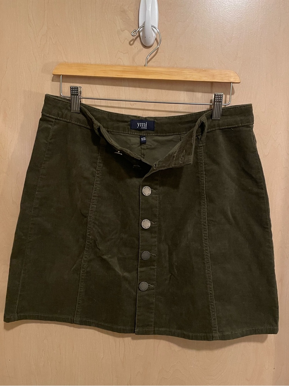 YMI Olive Green Corduroy Button-Front Mini Skirt